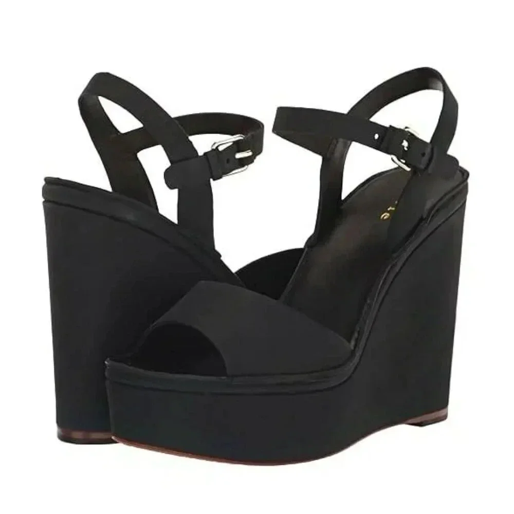 Joie Hindy Women's Platform Wedge Sandal Black Leather Size 8 M (MSRP $298)
